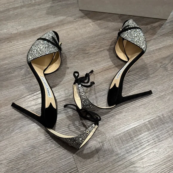 Jimmy Choo Talaya 100 Black Suede Crystal Hotfix Embellished Heels Sandals - Picture 9 of 13